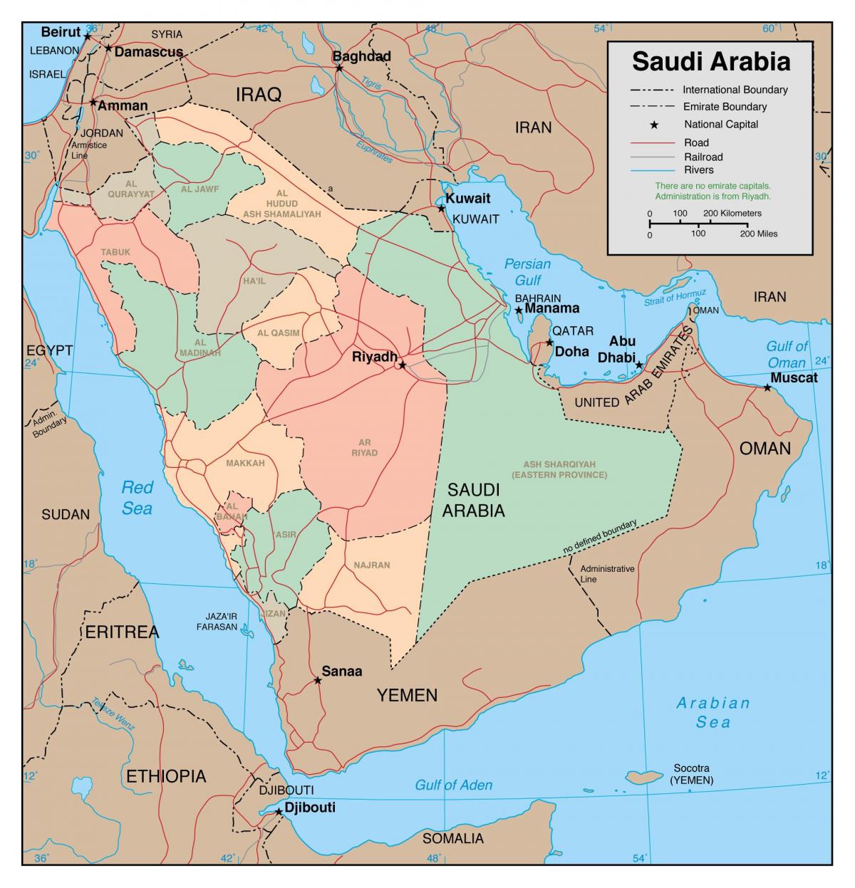 Map of outline Saudi Arabia with neighbouring countries